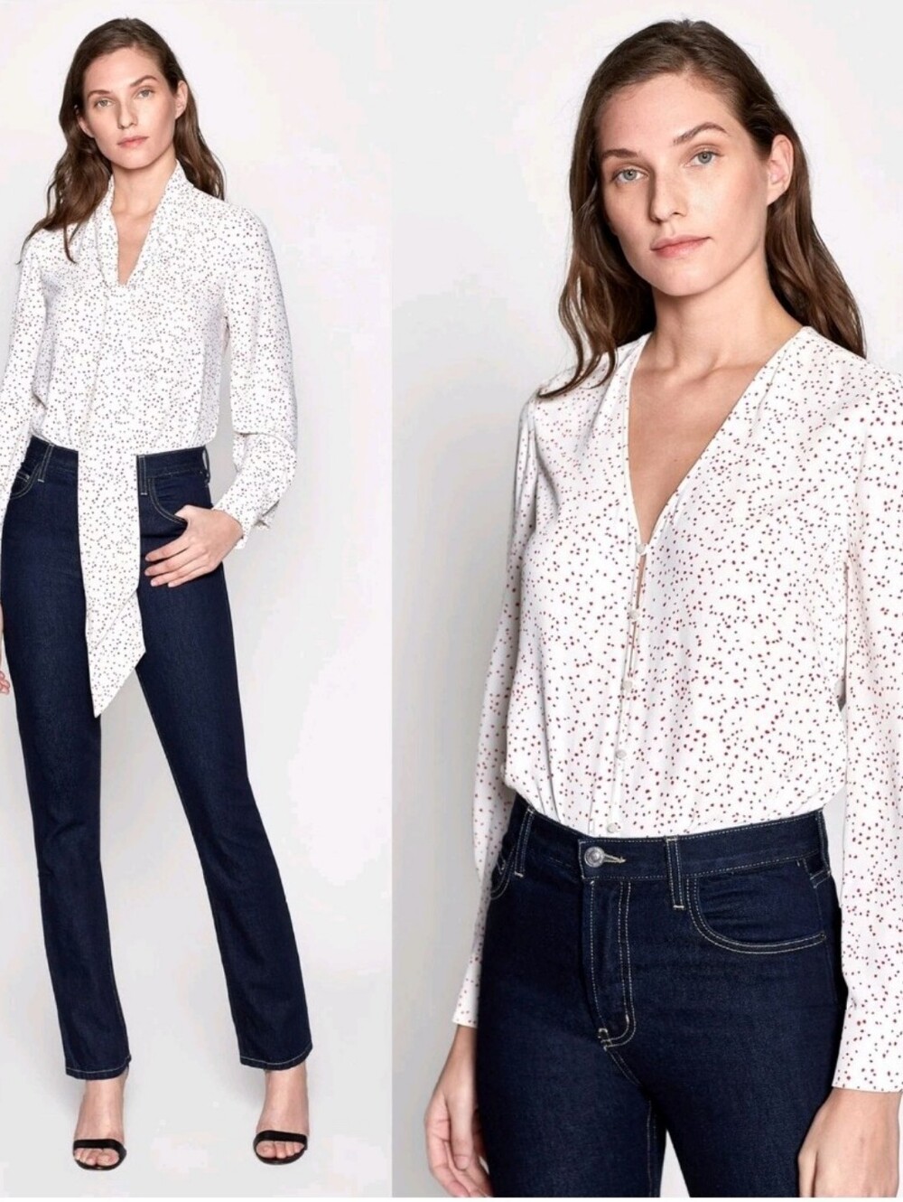 Equipment Femme Womens White Red Polka Dots Tie-Neck Blouse Long Sleeve Medium